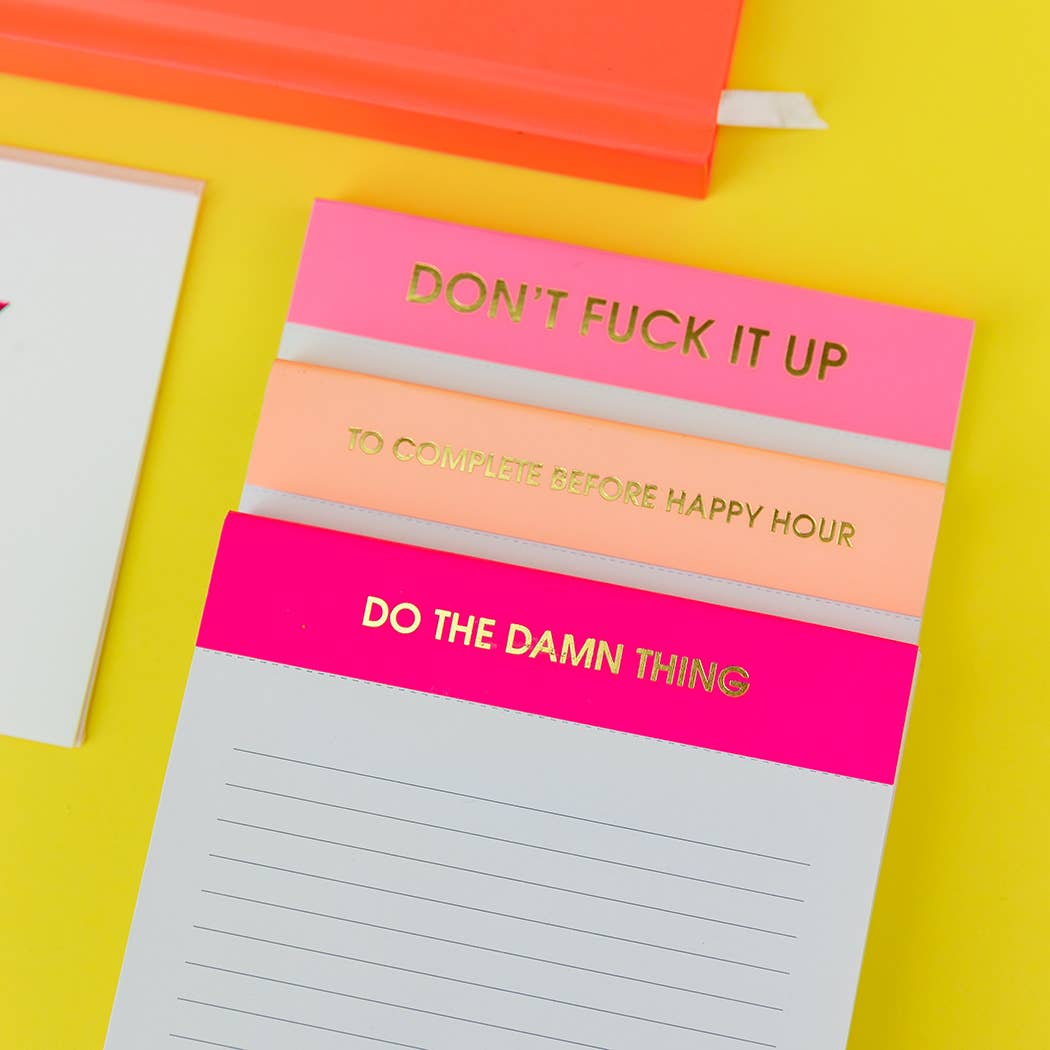 Chez Gagné - Wholesale Notepad - To Complete Before Happy Hour - Lined Notepad  - Sunset Pink - 65 perforated pages - 5x8 2