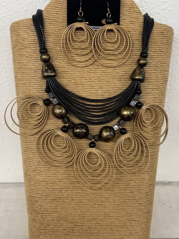 6 STRANDS BLACK WAX CORD WITH BROWN SYNTHETIC LEATHER WITH 5 for wholesale by International Duru's