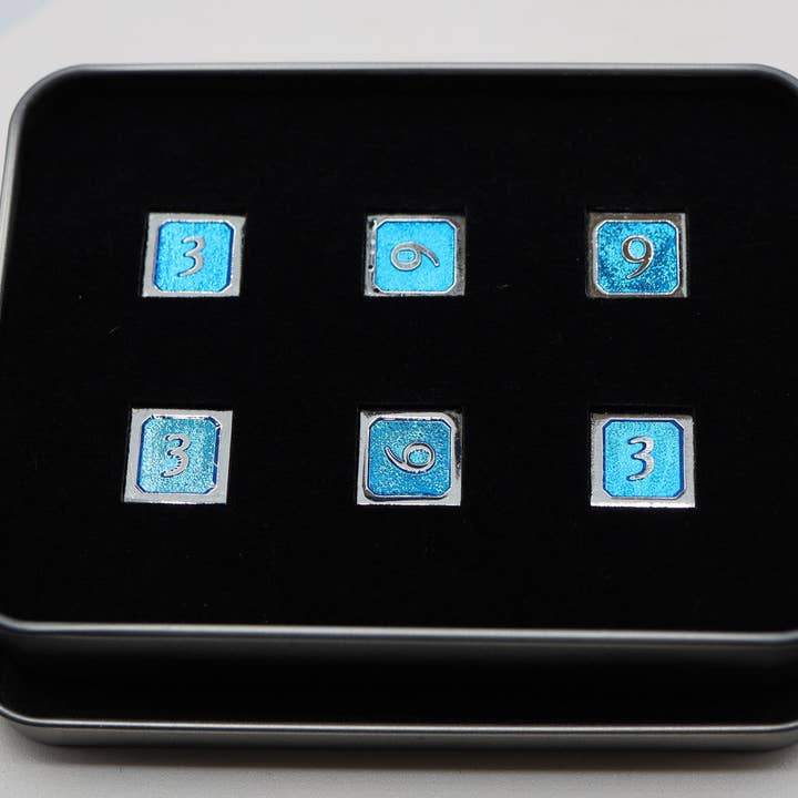 6 piece Metal D6s - Blue and Silver for wholesale by Foam Brain Games