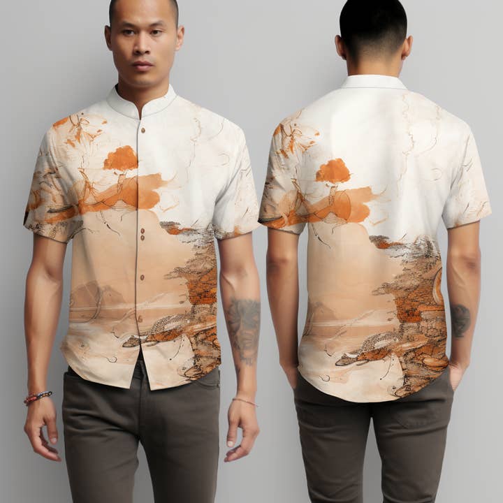 Ukiyo-e Mandarin Collar Modern Patter Casual skjorte til mænd for engroshandel hos NeoShores