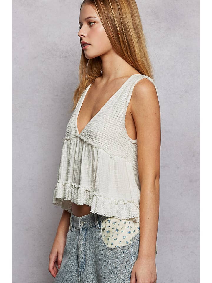 Pol Clothing - Wholesale Knit Top - Women's - Sleeveless contrast thermal cropped babydoll top SALE7