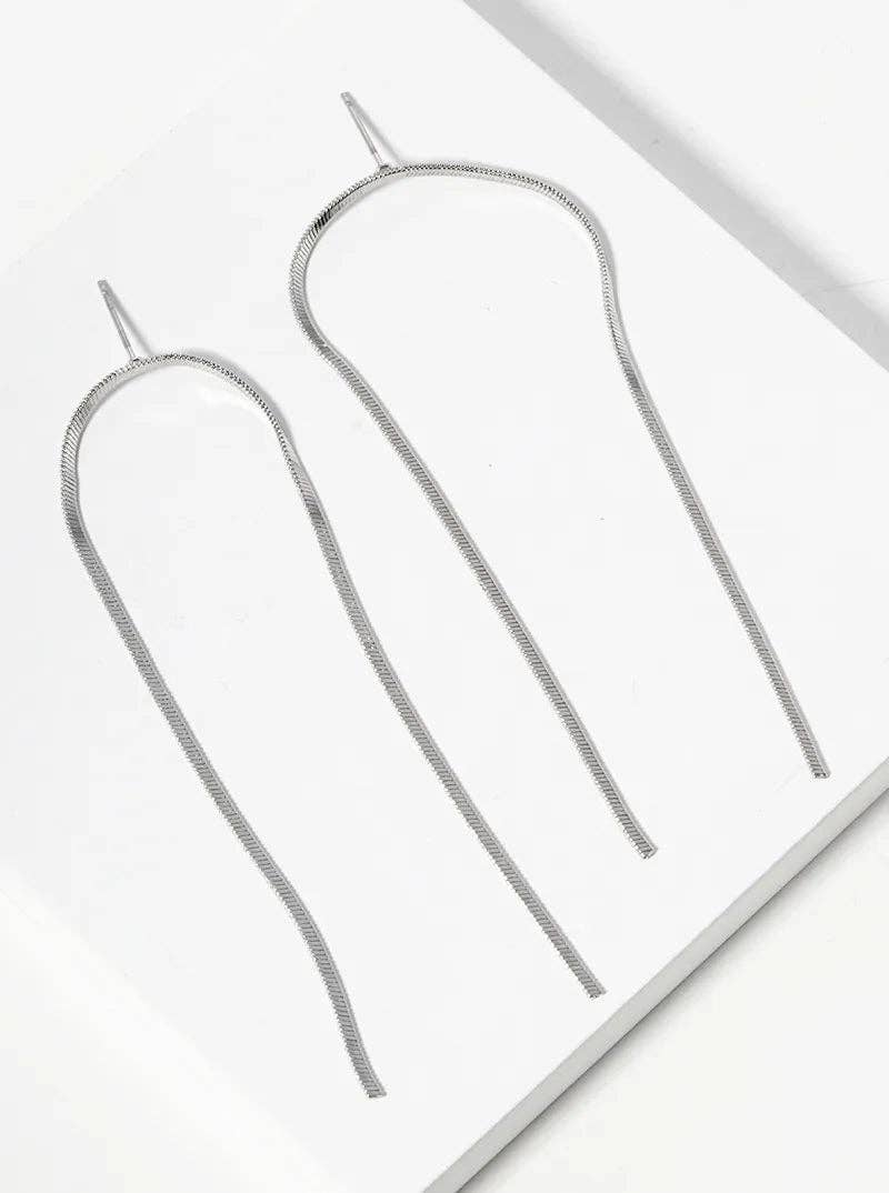 Wild Honey - Wholesale Dangle Earrings - White Gold Dipped Long Linear Chain Drop Delicate Earrings2