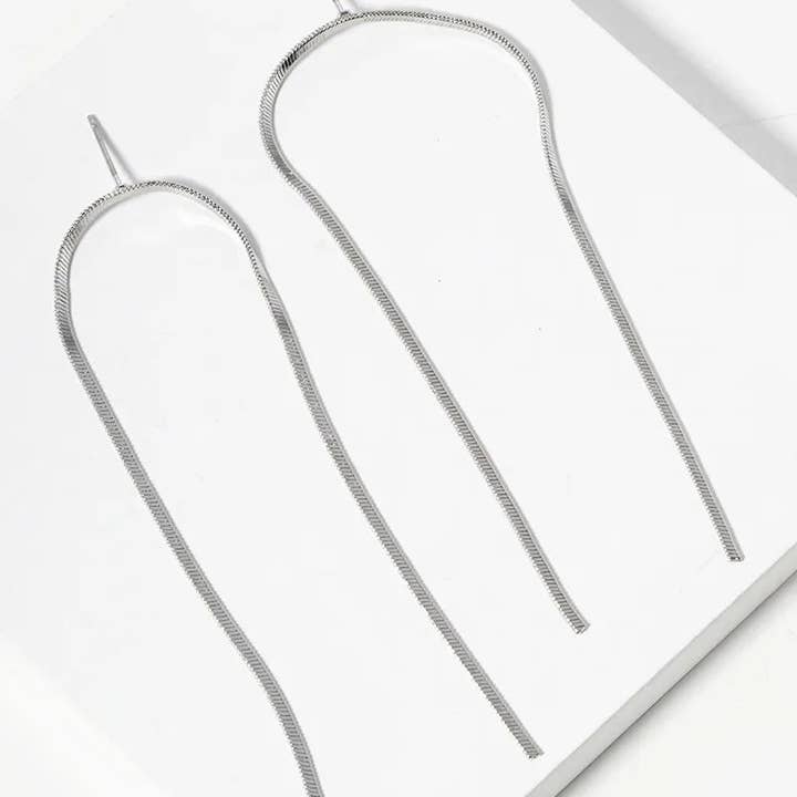 Wild Honey - Wholesale Dangle Earrings - White Gold Dipped Long Linear Chain Drop Delicate Earrings2