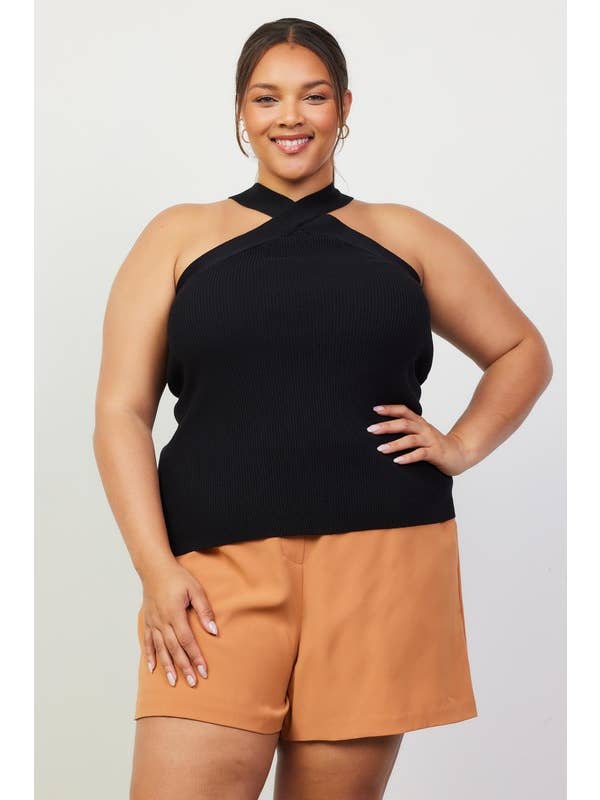 SKIES ARE BLUE - Wholesale Knit Top - Women's - Plus Size Crossed Neck Sleeveless Sweater Top8