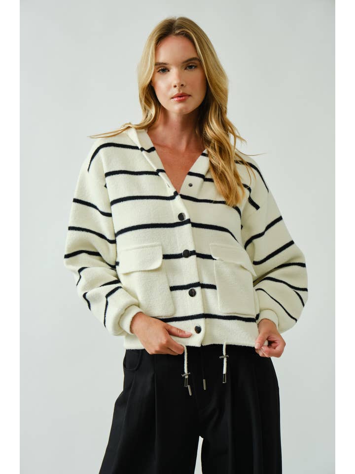 CREAM BLACK AJJ5369 COZY SOFT HOODED SWEATER CARDIGAN for wholesale on Faire1