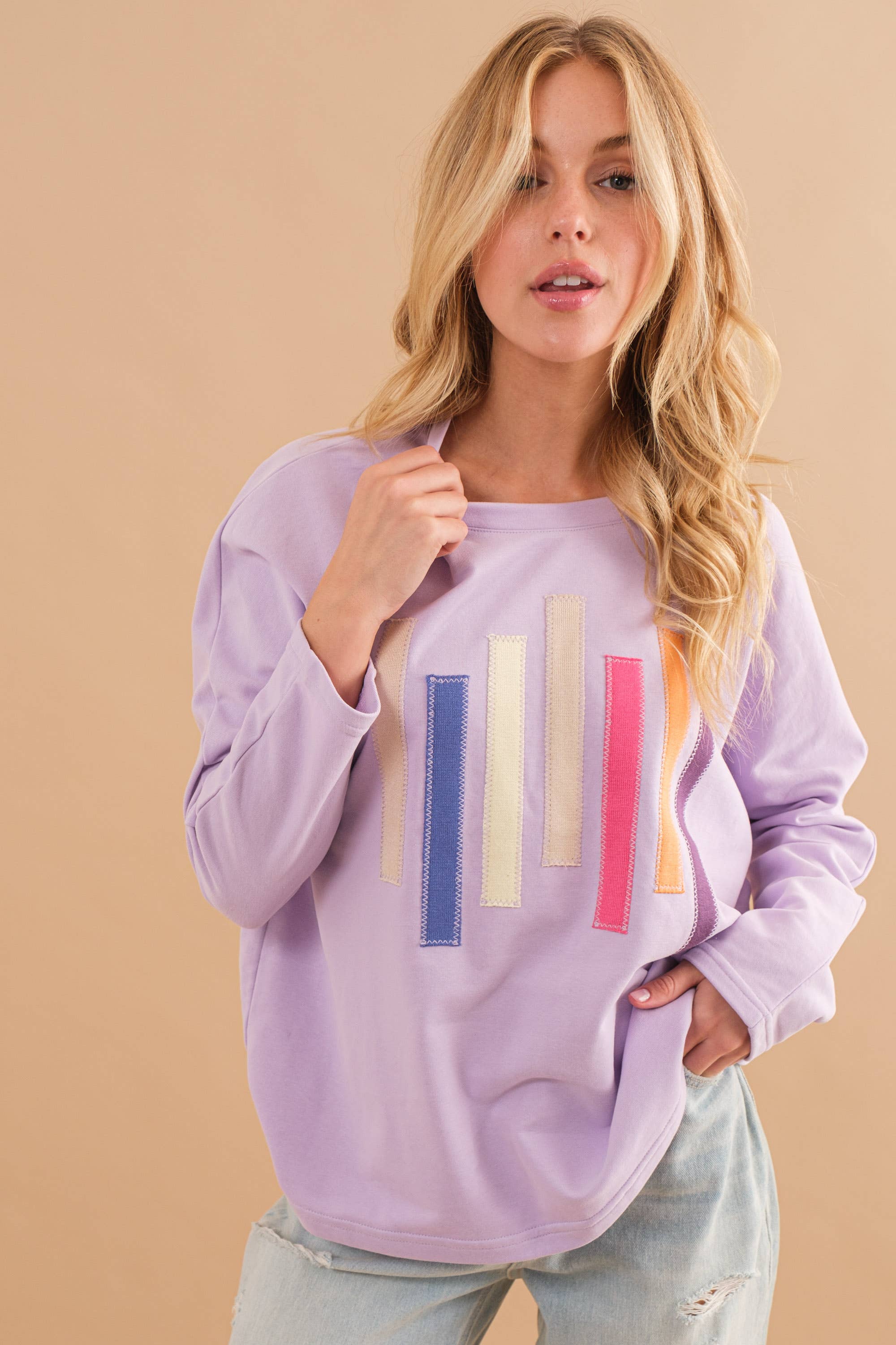 LAVENDEL 61143T - Texturerad Block Pattern Pullover Tröja för wholesale på Faire2