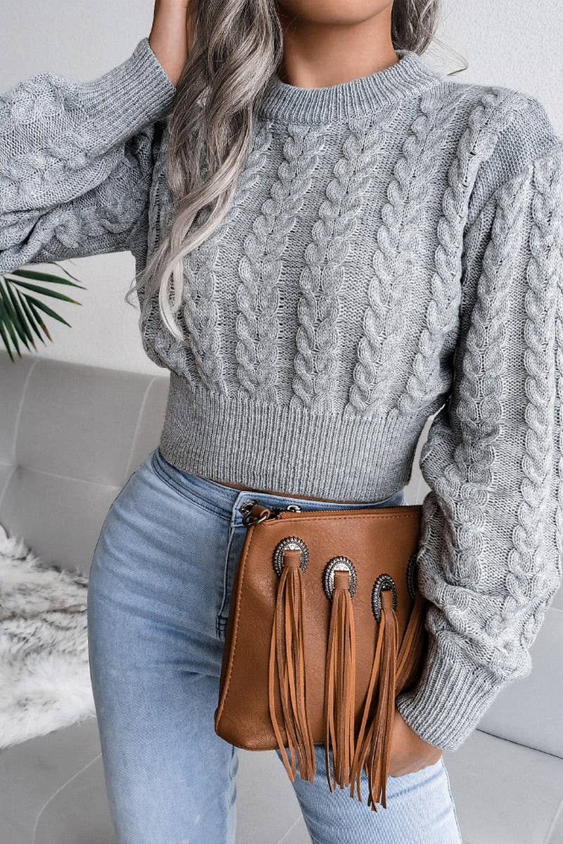 Lily Clothing - Wholesale Knit Sweater - Women's - WOMEN CHUNKY CABLE KNIT RIBBED CROP SWEATER_CWOSWL04676