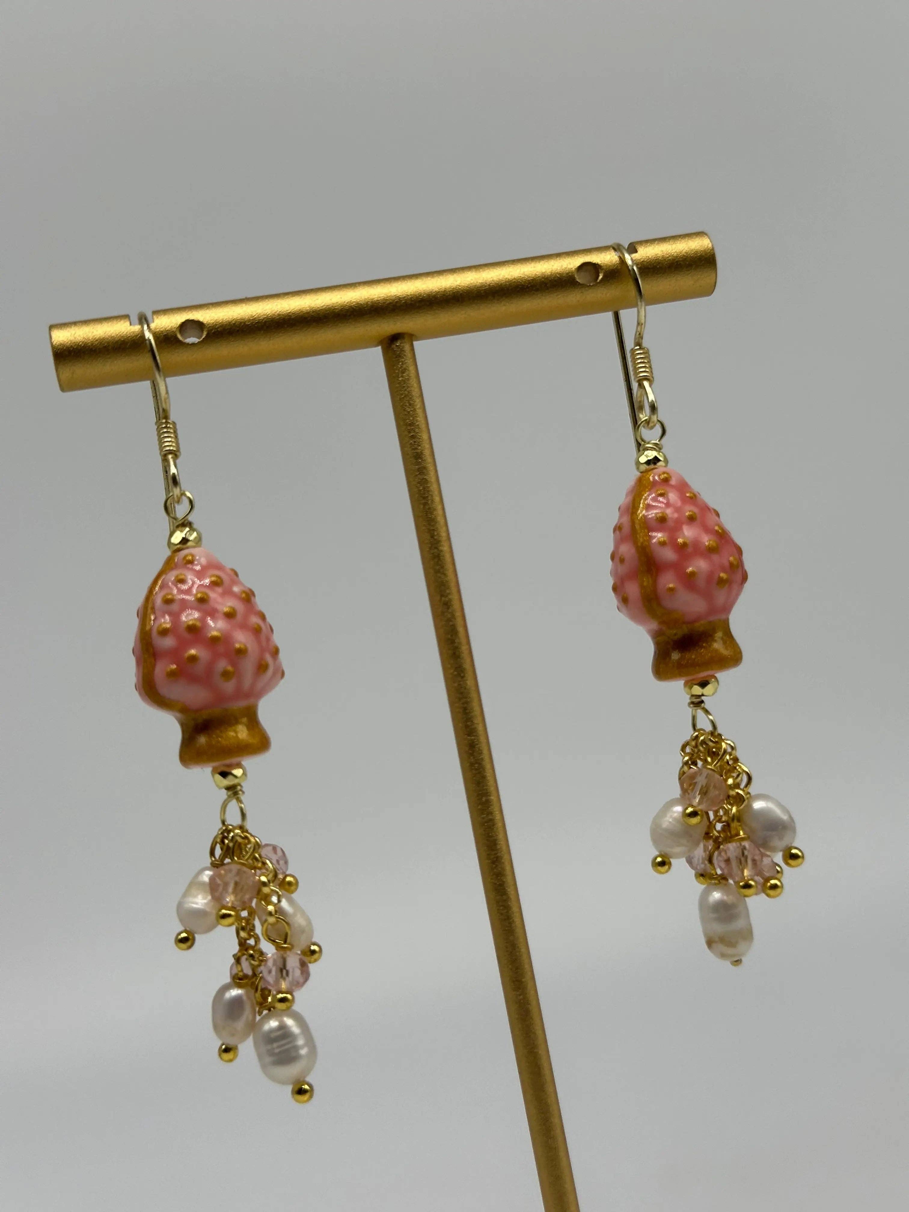 DD Ceramiche Siciliane – wholesale Dangle earrings – Handmade Pigna Rosa Ceramica di Caltagirone earrings, stones and pearls1