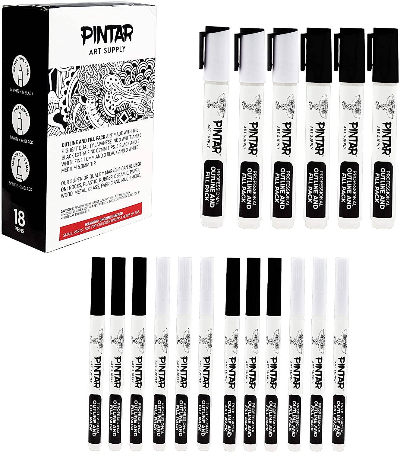 Pintar Art Supply - Wholesale Marker - PINTAR Art Supply Professional Outline & Fill Pack - Set of 18 Black/White Paint Markers (6) 0.7mm (6) 1mm (6) 5mm Tips - Smooth-Flowing Japanese Ink4