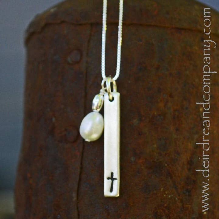 Cross & Pearl Bar Necklace in Silver for wholesale by Deirdre & Company