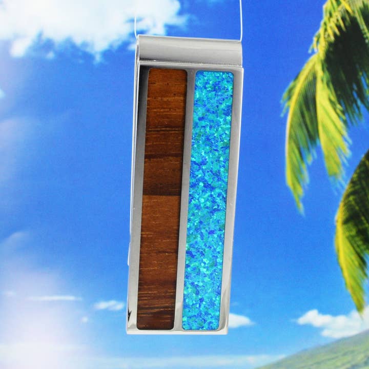 Hawaiian Large Genuine Koa Wood Blue Opal Money Clip, Stainless Steel Koa Wood Blue Opal Inlay Money Clip, Christmas Birthday Gift for wholesale by Paradise Treasures Jewelry