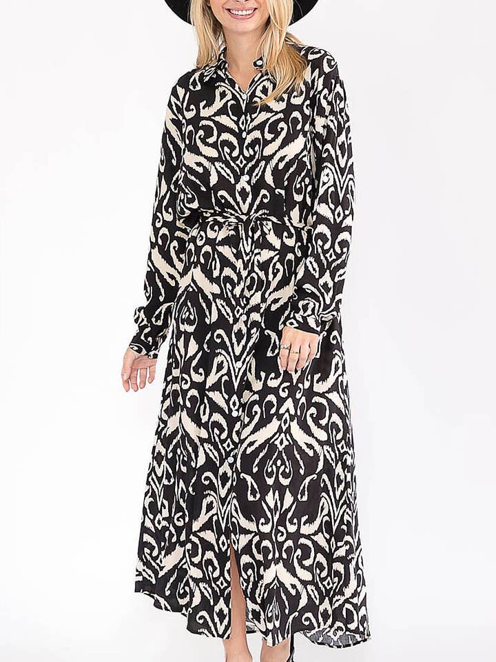 ROUSSEAU - Wholesale Dress – Women's - LONG SLEEVE BUTTON UP SELF TIE MULTI PRINT DRESS0