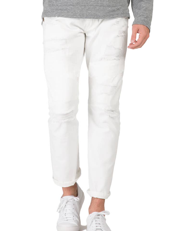 White Cargo Jeans Slim Straight Fit Distressed Mended for wholesale by Level 7