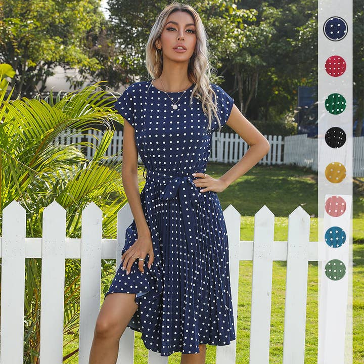Vintage-Inspired Polka Dot Pleated Midi Dress for wholesale by onatorobi