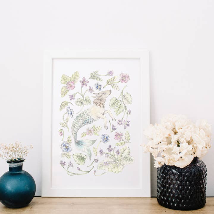 Impression artistique du signe du zodiaque Capricorne pour la vente par Erica Catherine Illustration