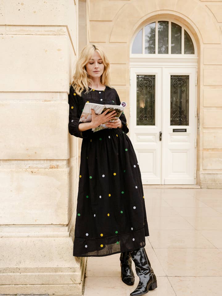 Flared long dress in Jamdani cotton for wholesale by Curiosity Lab