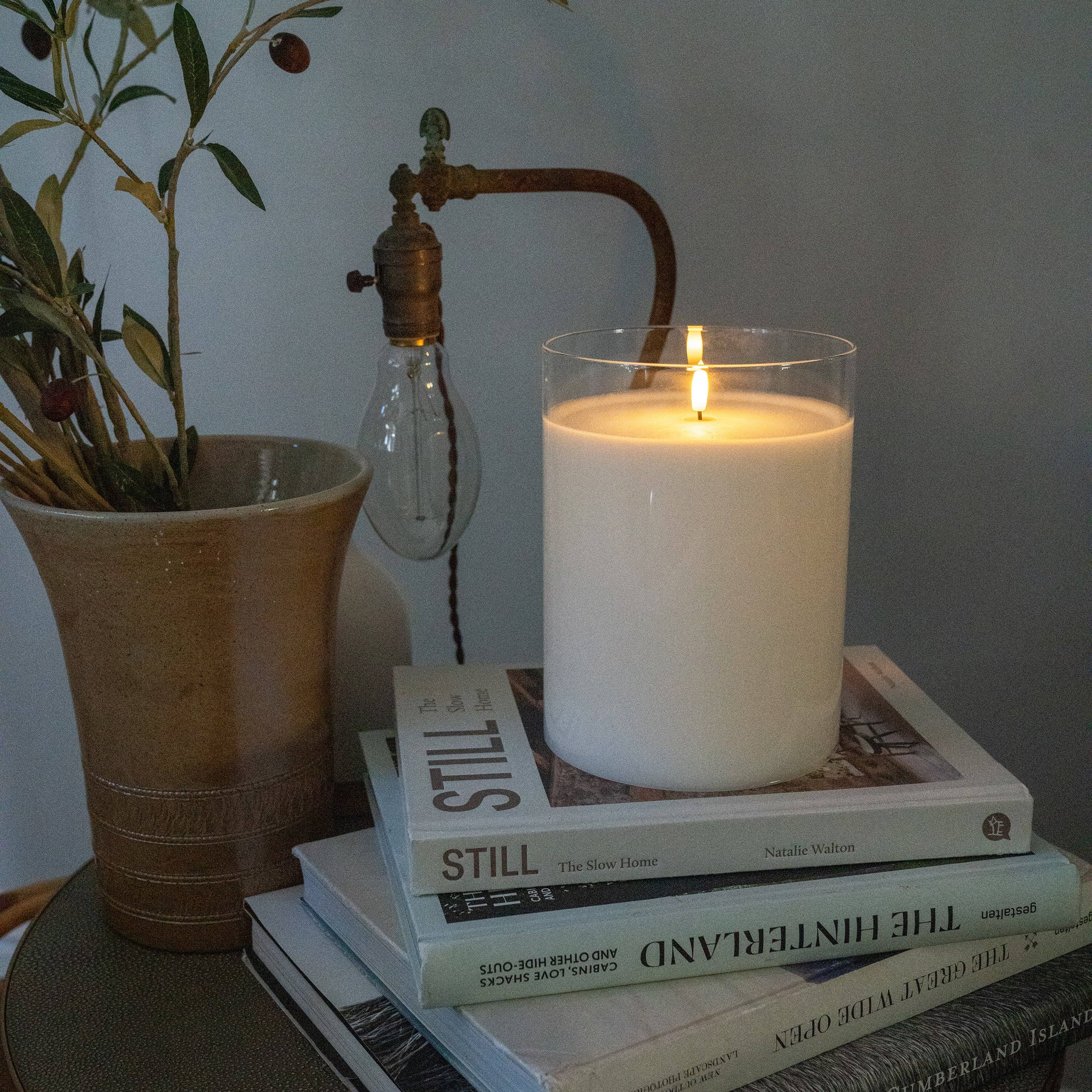 Sandstone & Sage – wholesale Flameless candle – White LED Flameless Hurricane Glass Candle with Timer and Remote - Elegant Ambient Lighting4