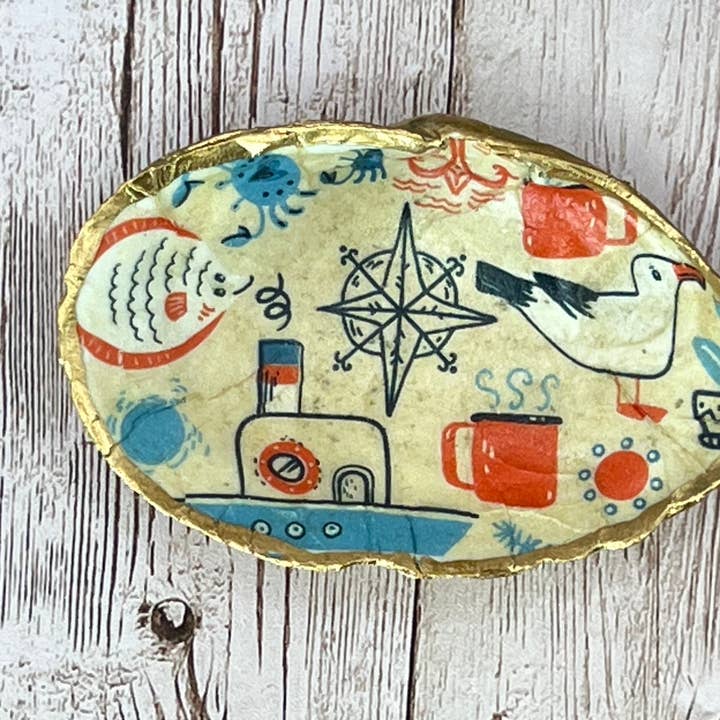 Small Clam Shell Ring Dish with Boat & Seagull for wholesale by Zo Pi Designs