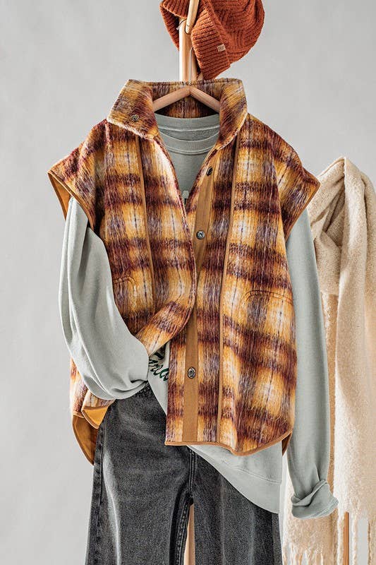 Heyday - Wholesale Outerwear Vest - Women's - VINTAGE PLAID OVERSIZED WOOL VEST5