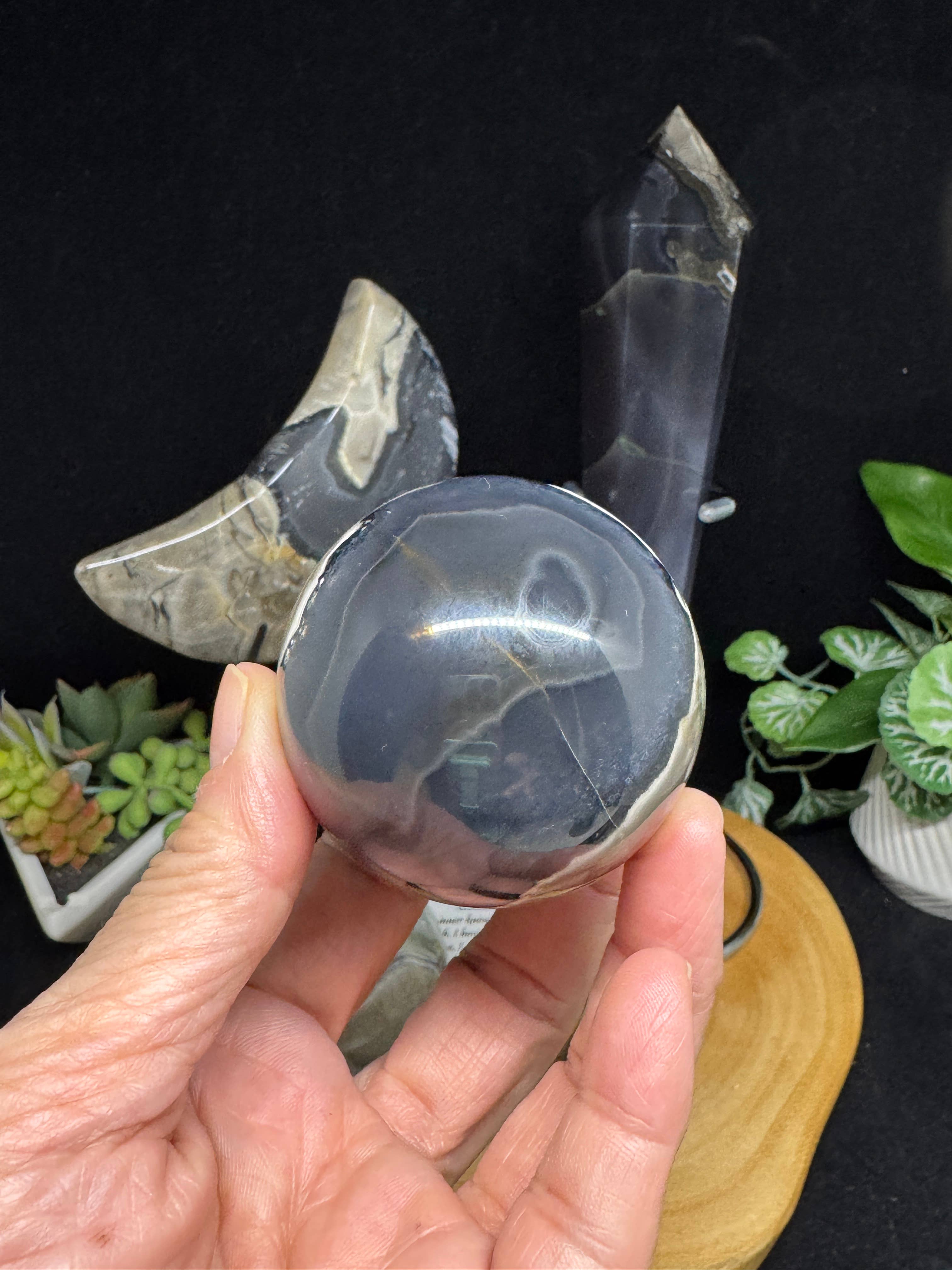 The 7 Directions - Wholesale Spiritual Stone/Crystal - 4 pc UV reactive Volcanic agate sphere wand moon bundle G7195