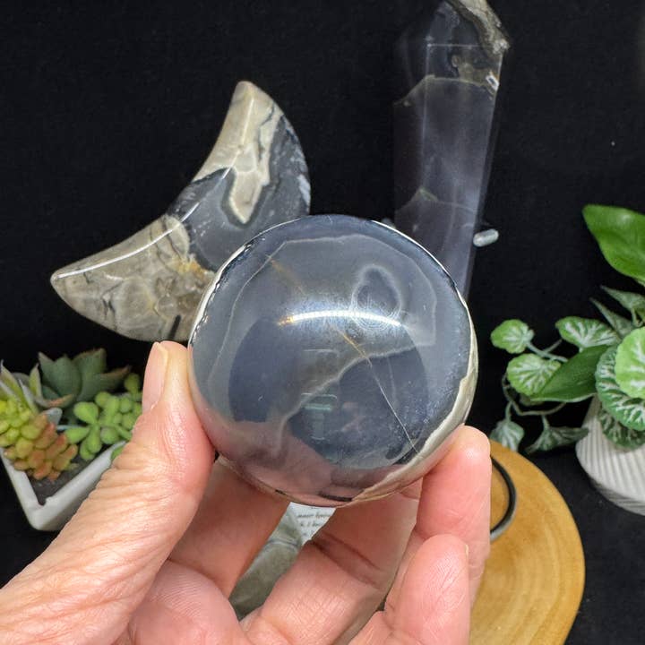 The 7 Directions - Wholesale Spiritual Stone/Crystal - 4 pc UV reactive Volcanic agate sphere wand moon bundle G7195