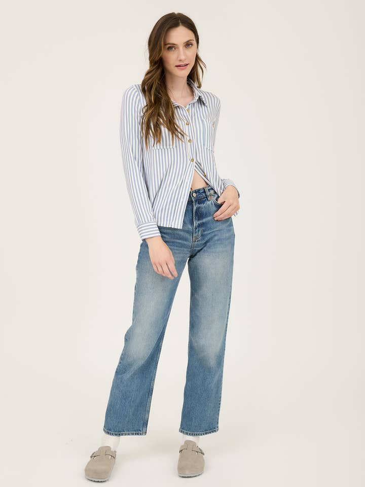 Blu Pepper - Wholesale Knit Top - Women's - STRIPE COLLARED LONG SLEEVE BUTTON DOWN SHIRT