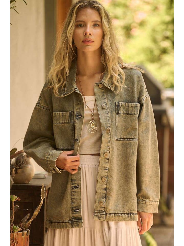 WASHED DENIM OVERSIZED BOXY FIT SHIRT JACKET for wholesale on Faire