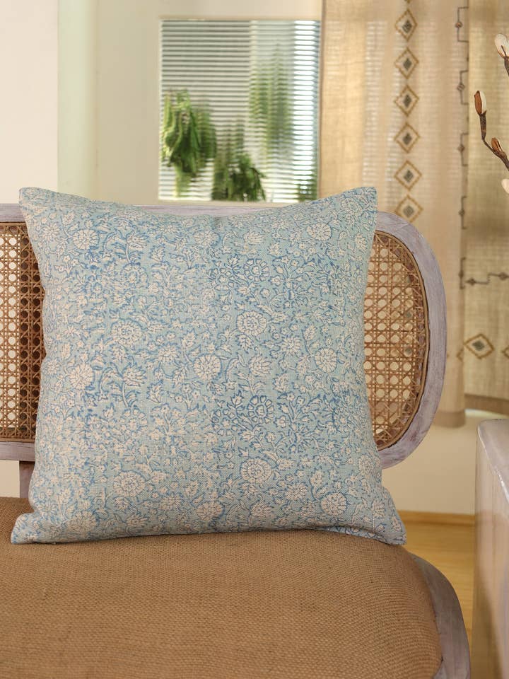 Floral Hand Block Printed 20X20 Inches Linen Pillow Cover for wholesale by Eyda Homes