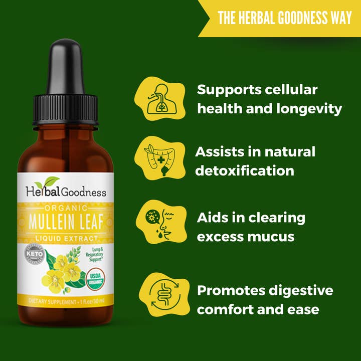 Herbal Goodness - Wholesale Oral Supplement/Vitamin - Mullein Leaf Extract- Organic- Liquid- 1oz- Herbal Goodness