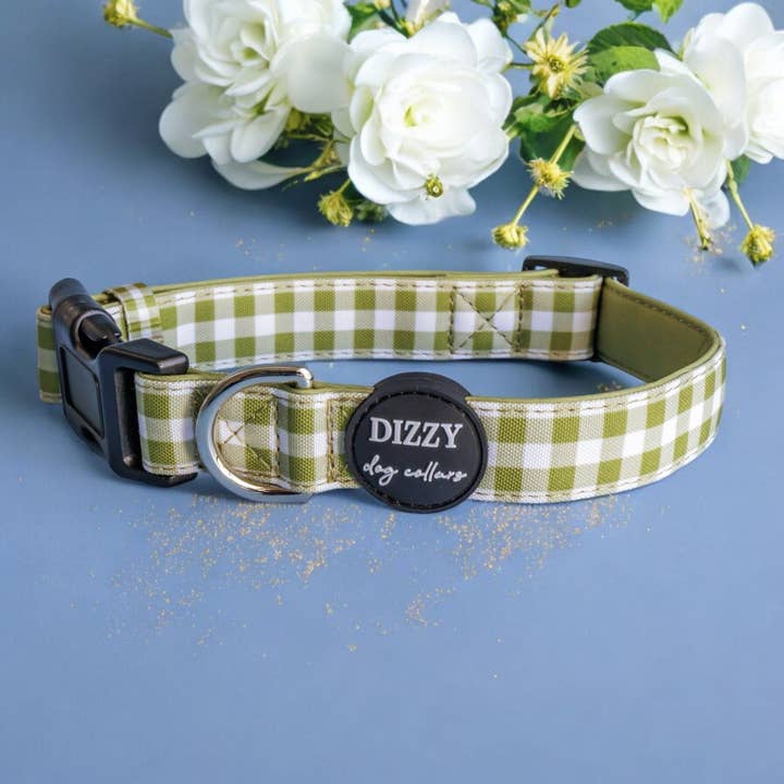 Olive Gingham Dog Collar | Canvas & Neoprene Dog Collar for wholesale by Dizzy Dog Collars