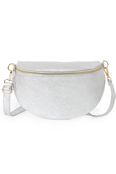 Sarta Pelle - Wholesale Crossbody Bag - Women's - Meadow - Italian Leather Half Moon Crossbody Bag - Silver