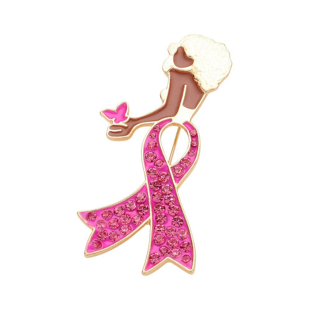 Sensibling Corp. - Wholesale Brooch - Stone Paved Pink Ribbon Enamel Afro Woman Pin Brooch10