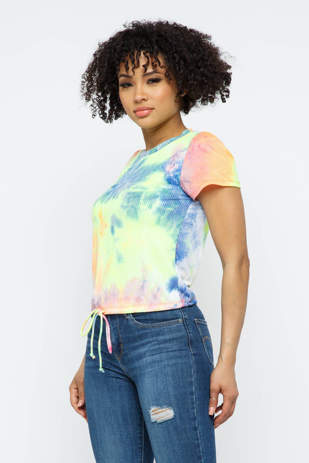 Multi Tie Dye Short Sleeve Bottom Self Spaghetti Drawstring Top for wholesale on Faire1
