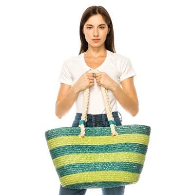 Tonrandig strå strandväska med rephandtag för wholesale av DNMC