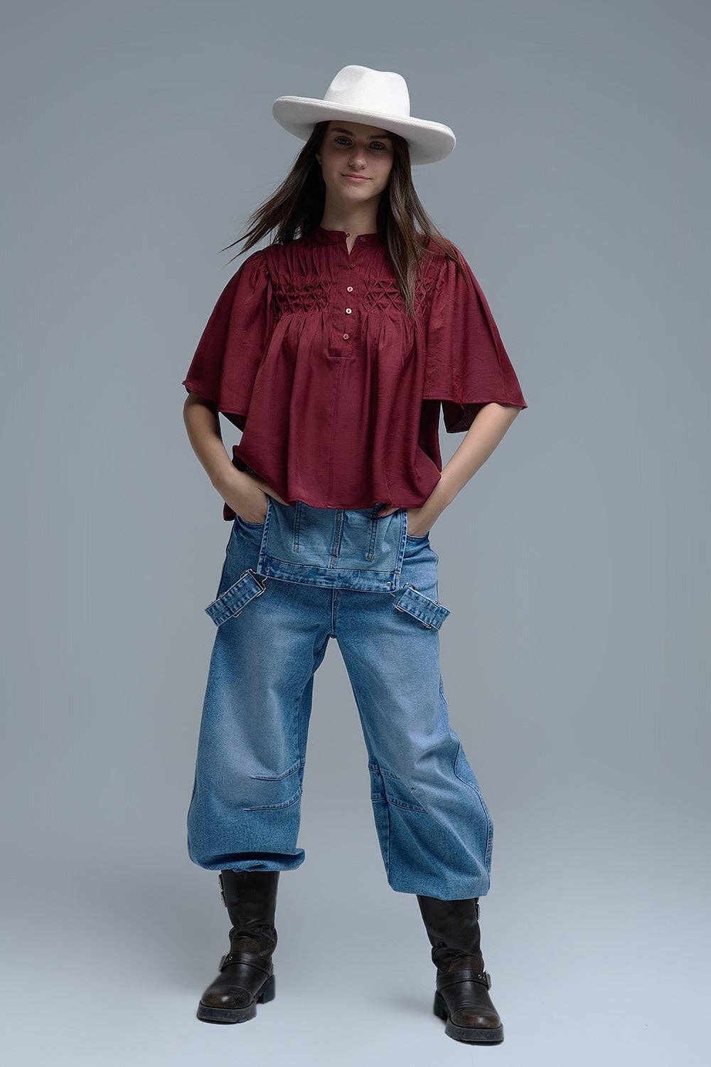 MAROON Relaxed wine-colored boho-style blouse with embroidered details for wholesale on Faire2