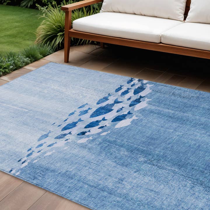 HomeRoots - Wholesale Area Rug - 10' X 14' Sky Blue And Navy Blue Nautical Washable Area Rug