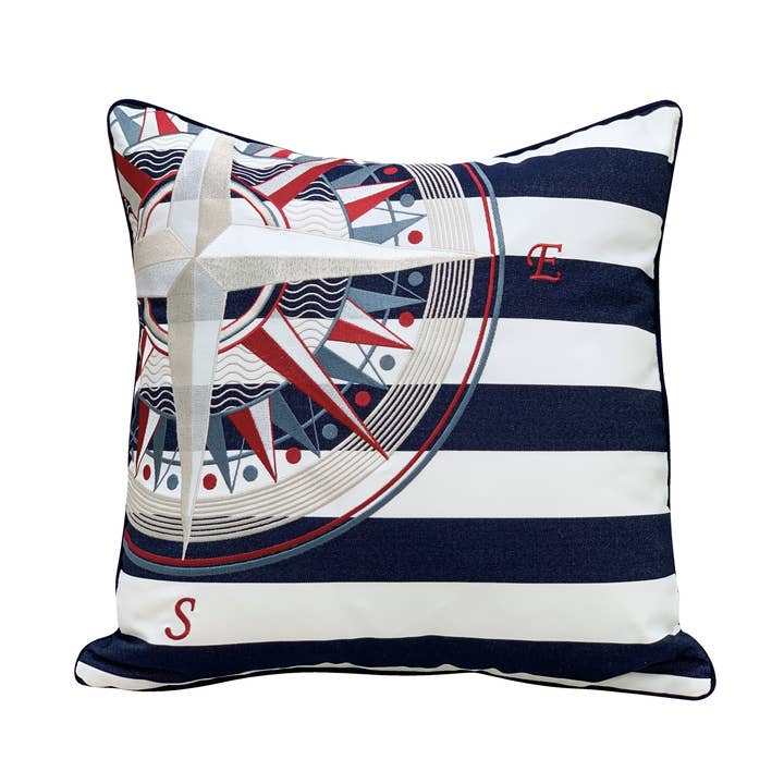 Blue Stripe & Compass Rose Indoor/Outdoor Throw Pillow for wholesale by Rightside Design