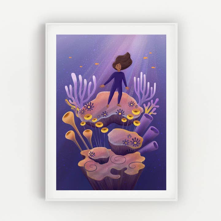 Cornish Free Diver Illustrated A4 Art Print for wholesale by Salty Siren Studios