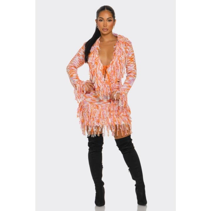 Fringe Sweater Skirt Set Multicolor for wholesale by LOVE SENSE