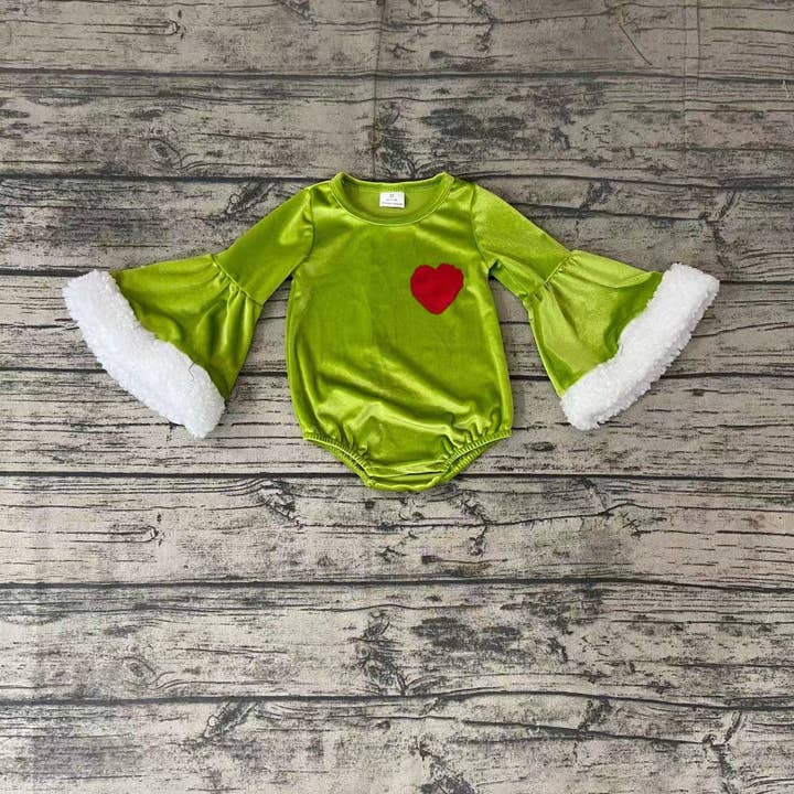 Aier Wholesale - Wholesale Bodysuit (Non-Footed) - Baby - Girls heart Green Romper Velvet fabric