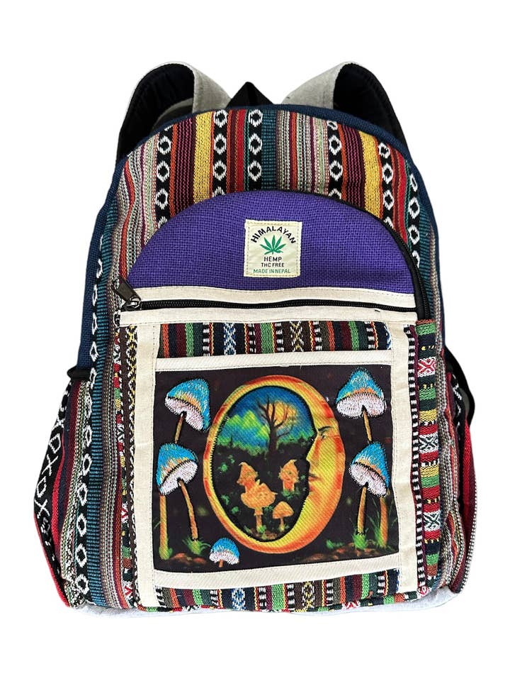 Mochila de algodón con diseño de luna de cáñamo con setas RIB2233 para venta al por mayor de Rising International Inc