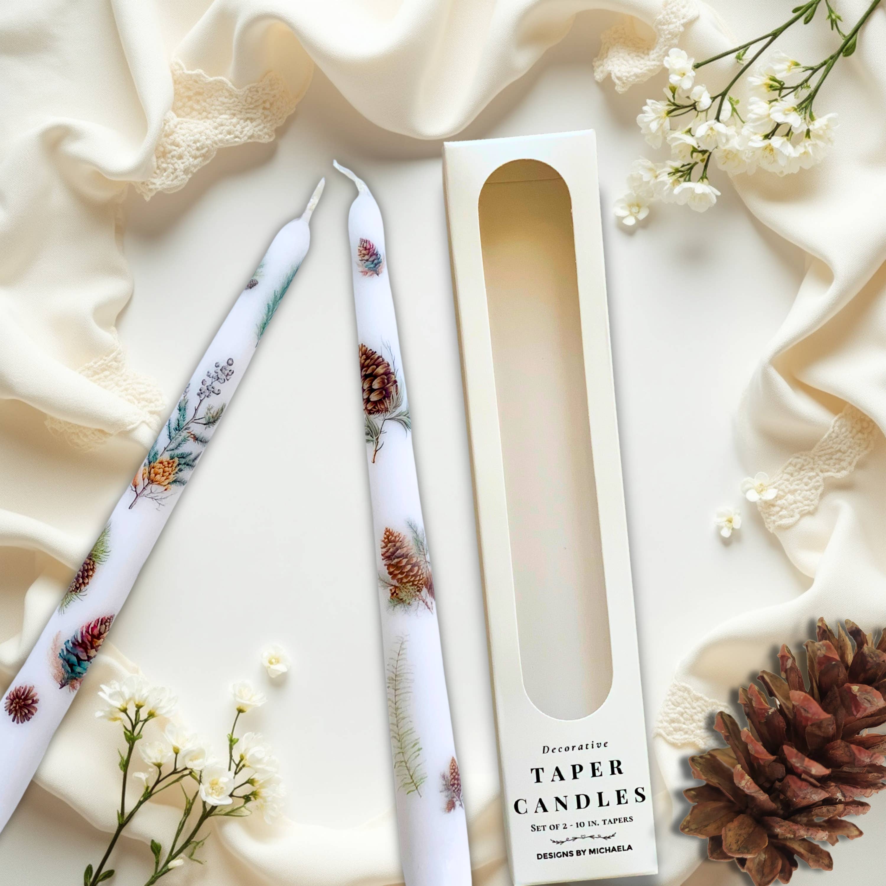 Designs by Michaela - Wholesale Tapered Candle/Candlestick - Winter Forest Pinecone Taper Candles for Gifts + Home Decor0