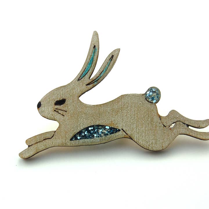 Glittery Snow Hare Wooden Brooch Pin for wholesale by Bekbek Makes