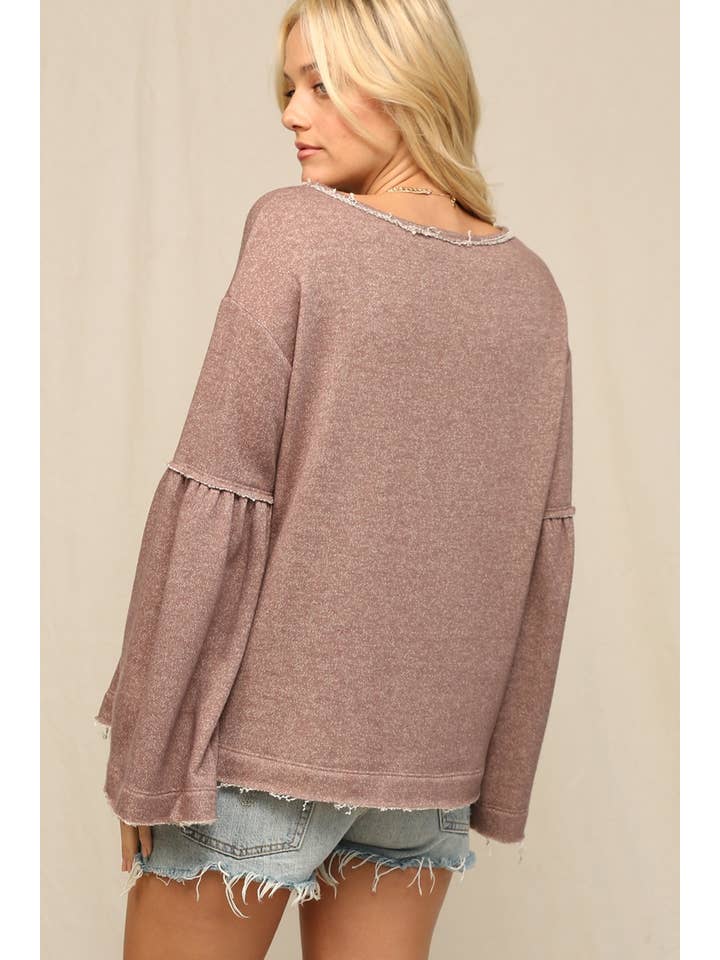 Mocha French Terry Oversized Bell Sleeve Tunic Top for wholesale on Faire3