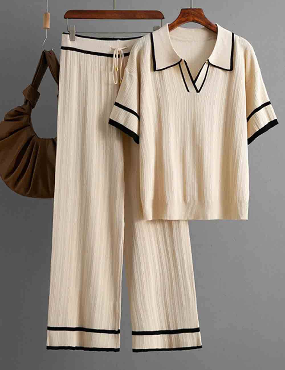 Sweetkama - Wholesale Lounge Set - Women's - Ladies Color Block Polo Collar Knit Top & Pants 2PCS Set2