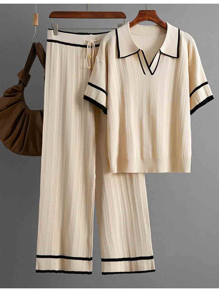 Sweetkama - Wholesale Lounge Set - Women's - Ladies Color Block Polo Collar Knit Top & Pants 2PCS Set2