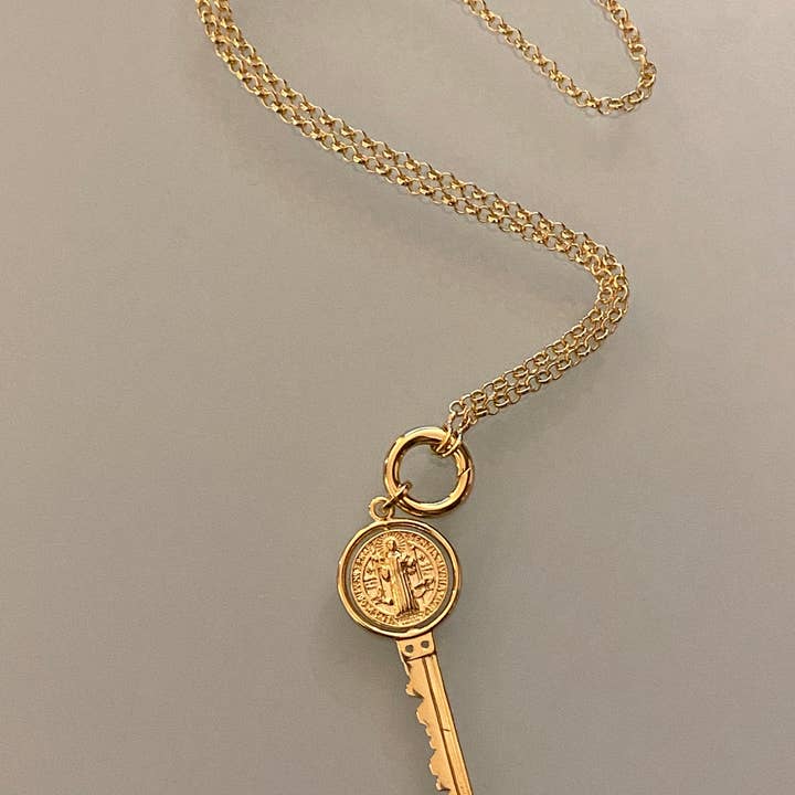 GoldFi - Wholesale Individual charm/pendant - 18k Gold Filled Key Pendant Featuring Swivel Medal Of St. Benedict2