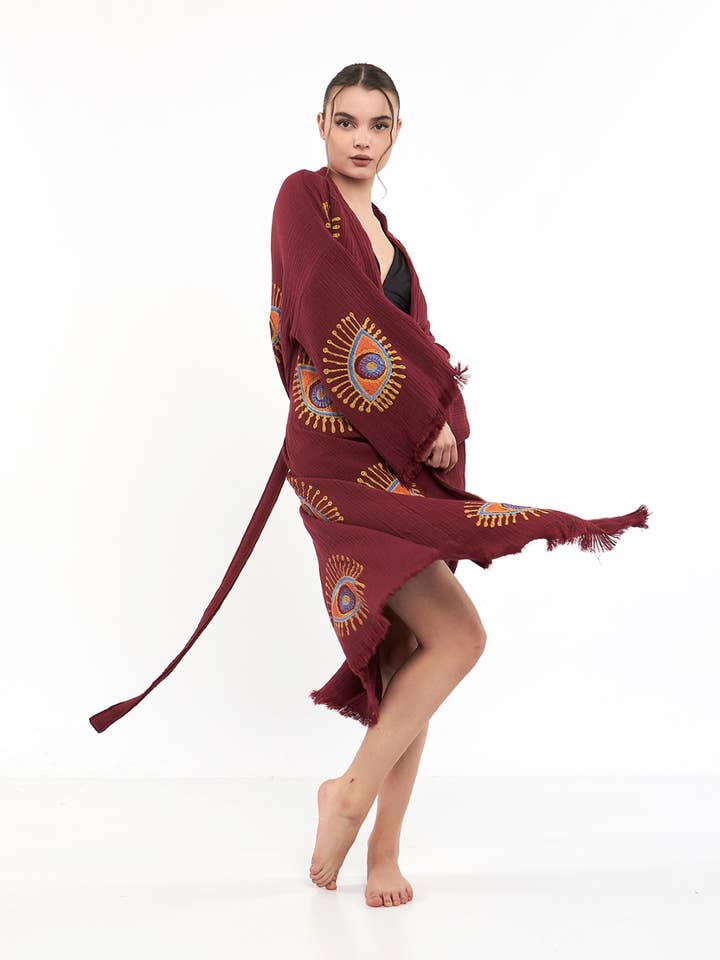 Yaz Concepts - Wholesale Kimono - Women's - Burgundy Evil Eye Print Bathrobe Festival Kimono Robe 1