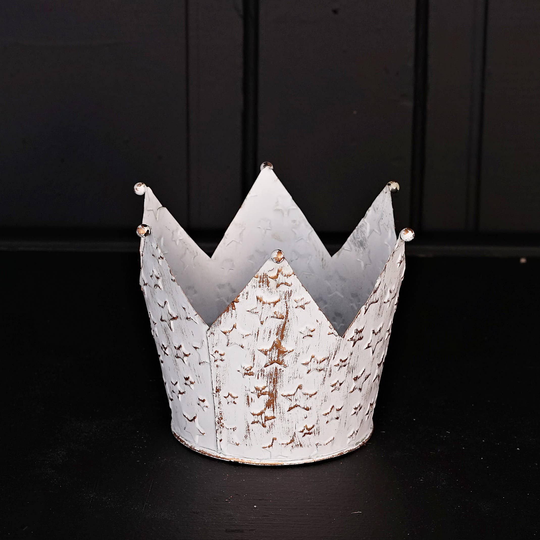 Holiday Depot Inc. - Wholesale Decorative Tabletop Object - M32813-Vintage white metal Crown container w. star (5inH)0