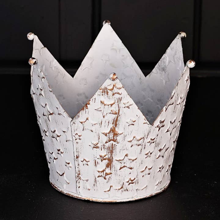 Impressive Enterprises, Inc. - Wholesale Decorative Tabletop Object - M32813-Vintage white metal Crown container w. star (5inH)0